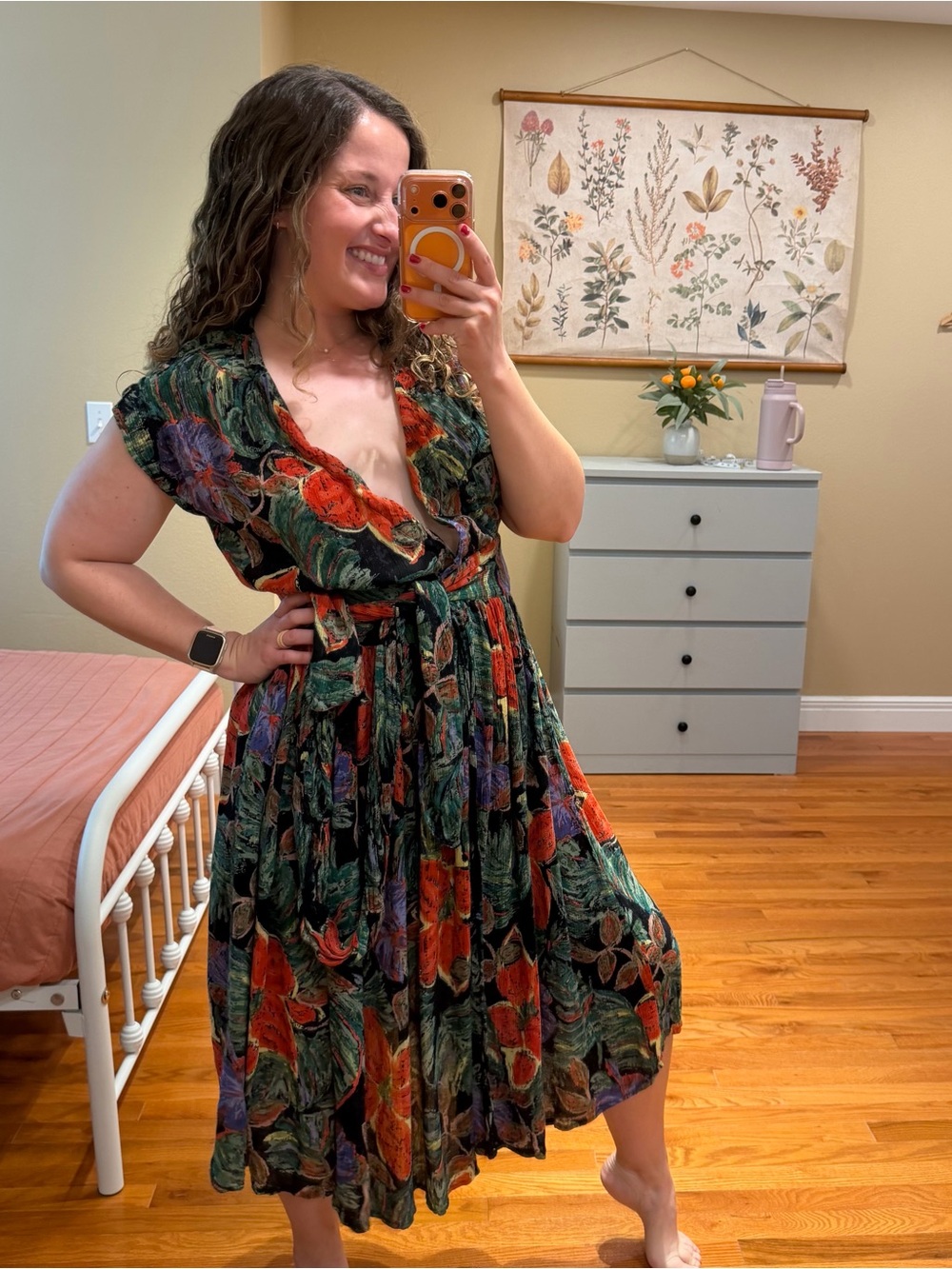 Vintage Together! Floral Wrap Midi Dress in Green, Red, Purple Fruit Small - Picture 2 of 12